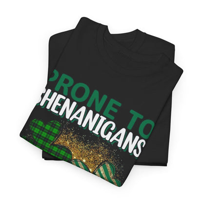 Premium quality unisex cotton t-shirt for St. Patrick's Day, featuring a bold shamrock design and the slogan 'Prone to Shenanigans & Malarkey'. A statement piece for festive occasions.