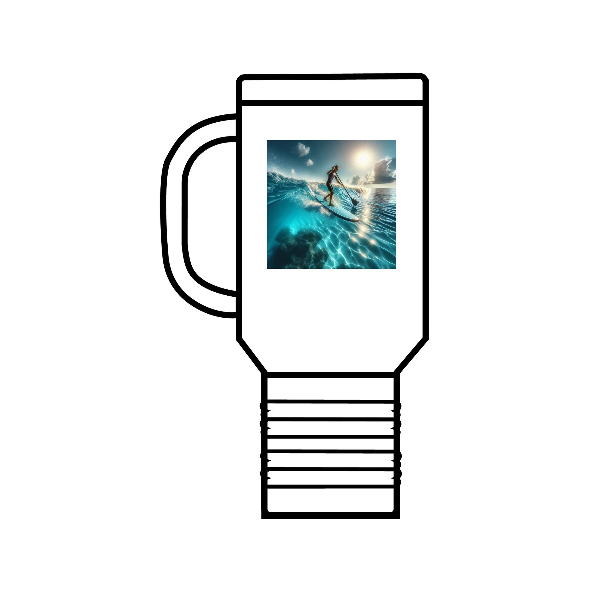 Sophisticated Fantasy Paddleboarding Insulated 40oz Travel Mug in a minimalist design, highlighting an adventurous paddleboarder amidst shimmering water reflections.