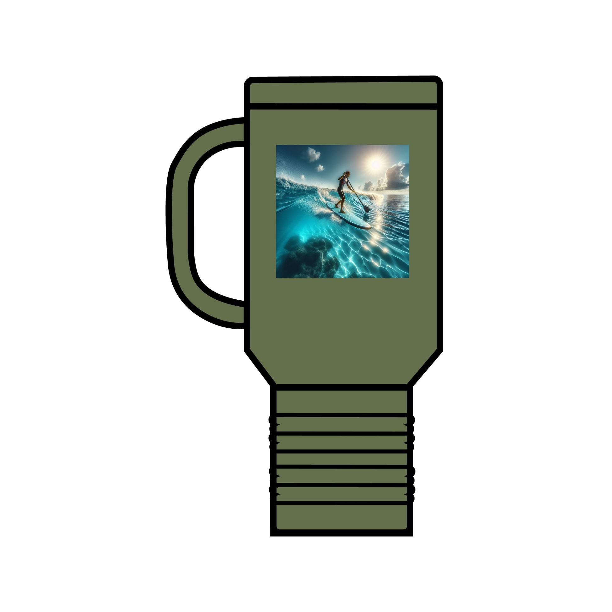 Fantasy Paddleboarding Insulated 40oz Travel Mug in a sophisticated olive green hue, adorned with a captivating image of a paddleboarder amidst stunning waves.