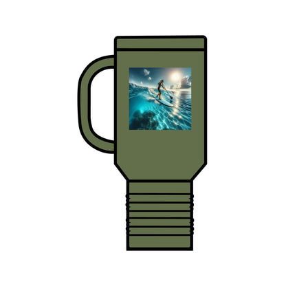 Fantasy Paddleboarding Insulated 40oz Travel Mug in a sophisticated olive green hue, adorned with a captivating image of a paddleboarder amidst stunning waves.