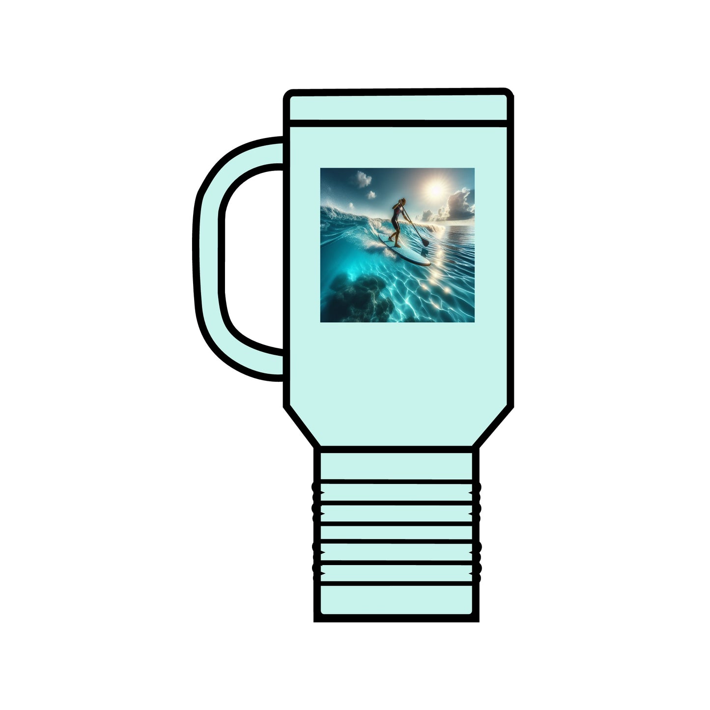 Fantasy Paddleboarding Insulated 40oz Travel Mug featuring a serene paddleboarding scene, perfect for outdoor enthusiasts seeking luxury in hydration.