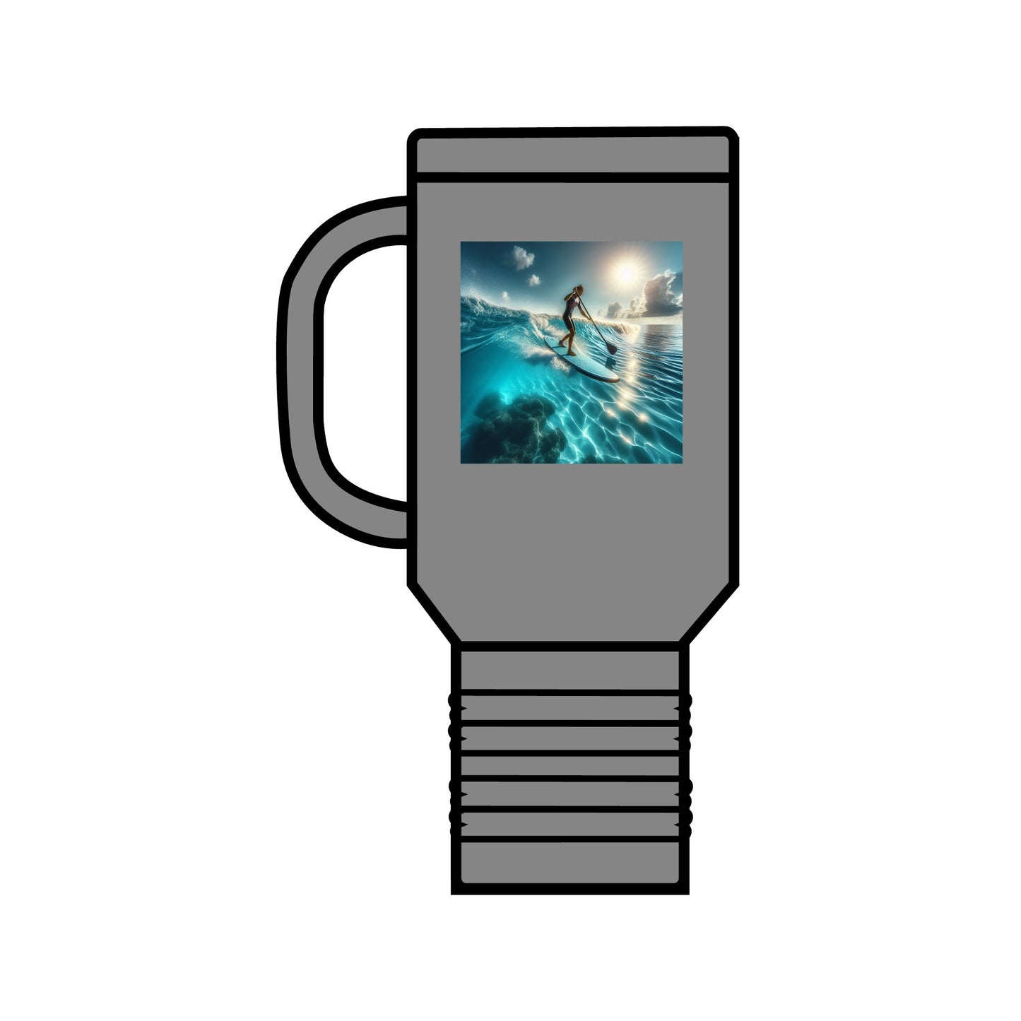 Fantasy Paddleboarding Insulated 40oz Travel Mug in a stylish grey finish, showcasing a picturesque paddleboarder against a vibrant ocean backdrop.