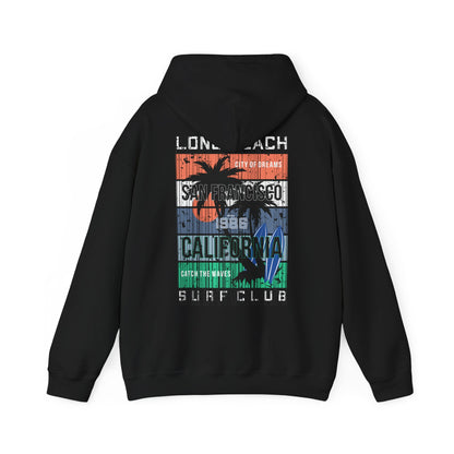 Elegant black hoodie showcasing a striking San Francisco surf design, complete with palm tree silhouettes and vivid colour accents, perfect for a chic and relaxed style.