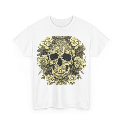 Front perspective of the Skulls and Roses Cotton Tee, highlighting the exquisite skull and rose design in stunning detail, suitable for unique fashion statements.