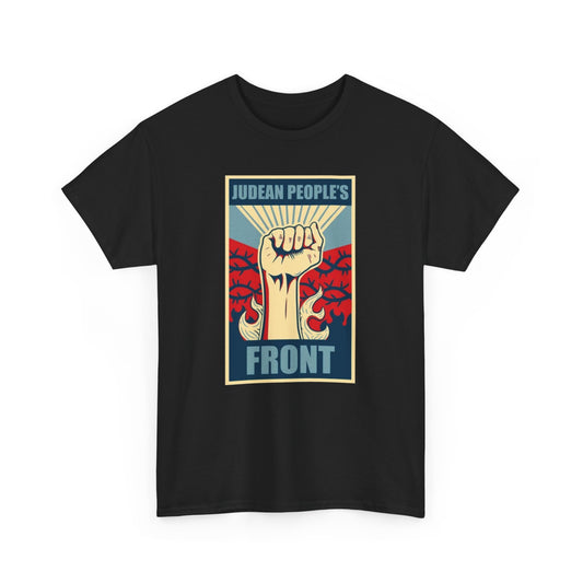Judean Peoples Front Unisex Funny T Shirt Tee showcasing a striking graphic of a raised fist against a backdrop of dramatic colours, perfect for those seeking a blend of humour and style in their urban fashion.