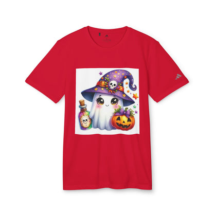 Adidas Unisex Halloween Party Ghost Cute T-shirt in vibrant red with a charming ghost design, perfect for stylish Halloween celebrations.