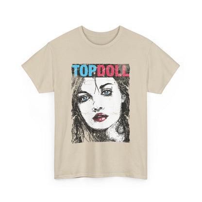 Front view of an exquisite men's t-shirt featuring a bold 'TOP DOLL' graphic overlay on a vintage-inspired portrait, showcasing luxury and unique style.