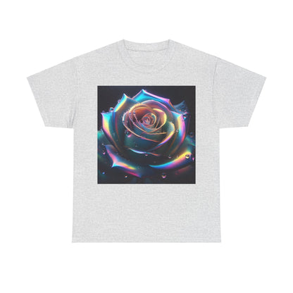 Ethereal Rose Tee Unisex Cotton Graphic T Shirt showcasing an enchanting stylised rose with shimmering effects, set against a light grey background.