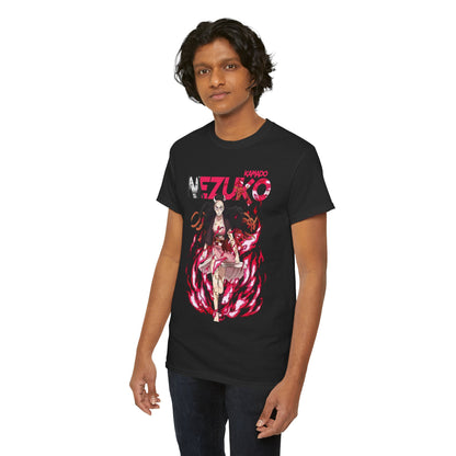 Stylish black t-shirt showcasing Nezuko Kamado in an action pose, perfect for urban fashion lovers.