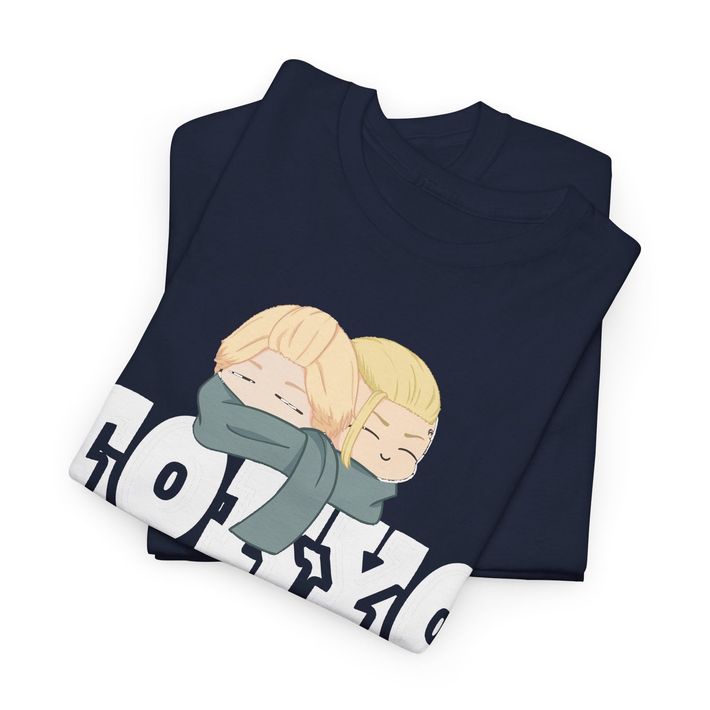 Luxurious Tokyo Revengers anime men's t-shirt featuring charming animated characters in cozy scarves, showcasing premium quality fabric and stylish design, perfect for anime enthusiasts.