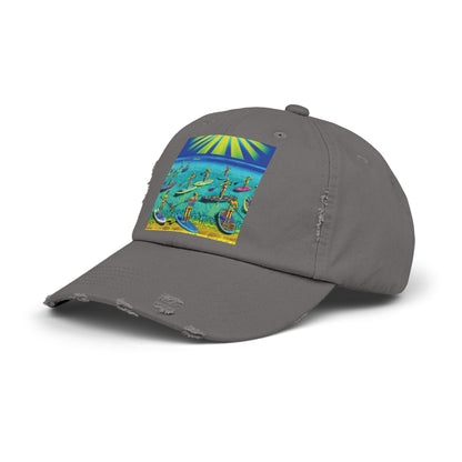 Unisex Distressed Paddleboarders Cap showcasing a vibrant paddleboarding scene, perfect for stylish sun protection during water adventures.