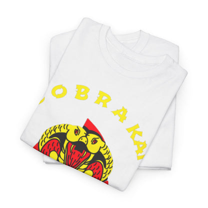 Luxurious folded white tee featuring the Cobra Kai logo in striking red and yellow, highlighting a perfect blend of style and comfort.