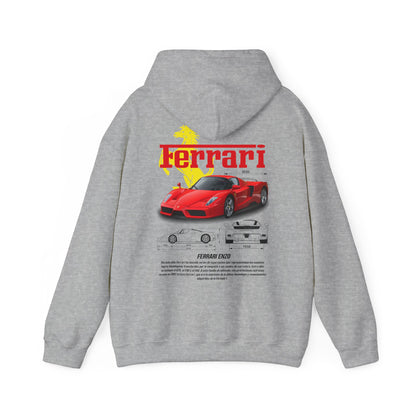 Luxury Ferrari Enzo back print hoodie in grey featuring an artistic design with a red Ferrari Enzo car illustration and detailed specifications, ideal for car enthusiasts.