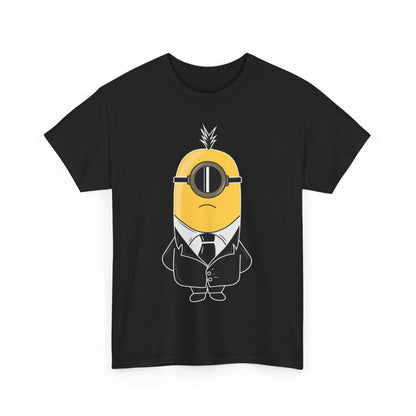 Minion in Black Parody Unisex Men's Women's Graphic T-Shirt Tee, showcasing a well-dressed Minion against a black backdrop. This funny T Shirt is perfect for adding whimsy to your wardrobe, ideal for Minions enthusiasts.