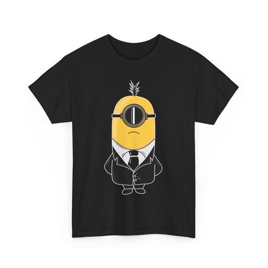 Minion in Black Parody Unisex Men's Women's Graphic T-Shirt Tee, showcasing a well-dressed Minion against a black backdrop. This funny T Shirt is perfect for adding whimsy to your wardrobe, ideal for Minions enthusiasts.