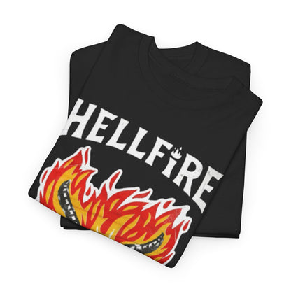 Stylish Hellfire Club T-shirt folded, featuring a striking graphic design of flames with bold 'HELLFIRE' lettering, perfect for casual urban wear.
