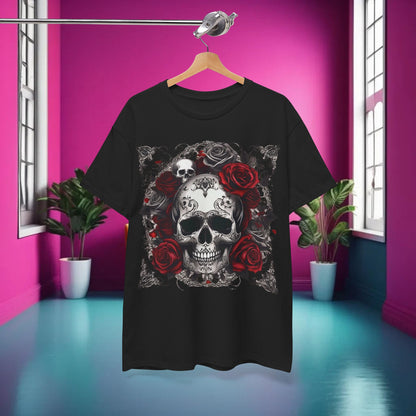 Skulls and Roses Cotton Tee displayed on a hanger in a chic setting, highlighting the unique skull design surrounded by roses, perfect for a modern aesthetic.