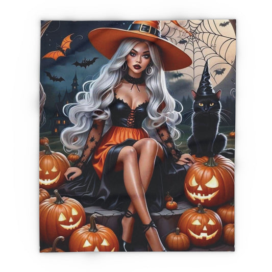 Decorative and Warm Halloween Spooky Arctic Fleece Blanket showcasing an enchanting witch with flowing white hair in a glamorous outfit, seated among ominous jack-o'-lanterns and a mysterious black cat, ideal for enhancing the elegance of your Halloween celebration.