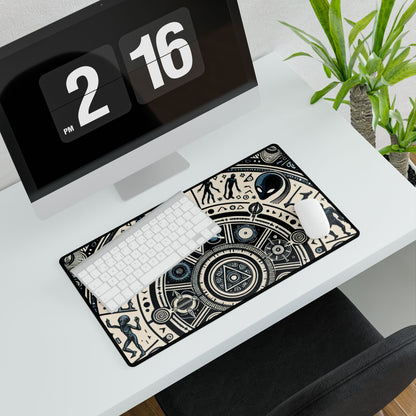 Cosmic Hieroglyphic Tranquility Mat - Desk | Mouse Mat elegantly placed on a stylish desk next to a sleek keyboard and decorative plant.