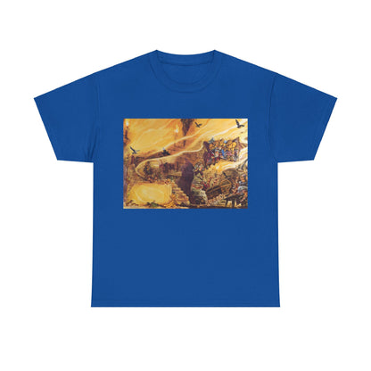 Stylish Discworld Color of Magic Graphic Unisex Tee Shirt in royal blue, beautifully illustrated with characters from Terry Pratchett's renowned novel.