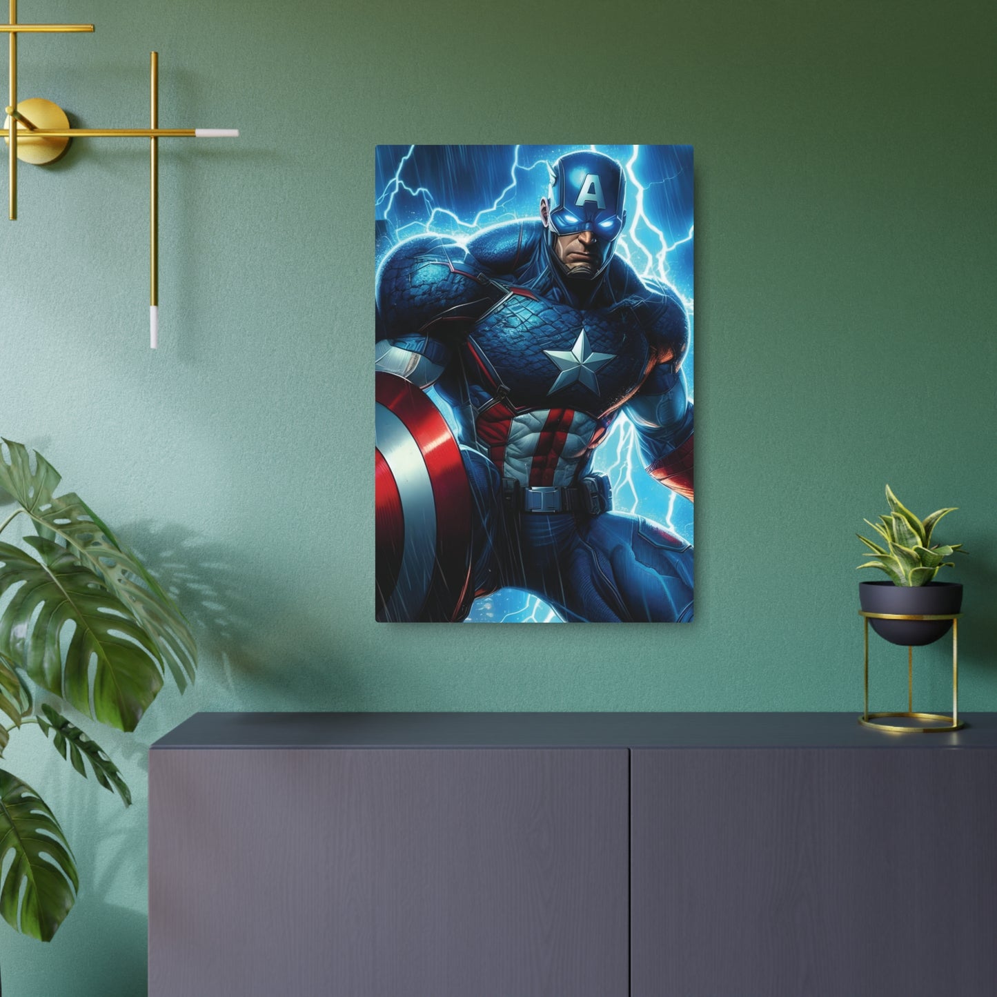 Marvel Captain America Metal Art Poster elegantly placed on a wall, showcasing bold artistry and exceptional durability for luxury decor.