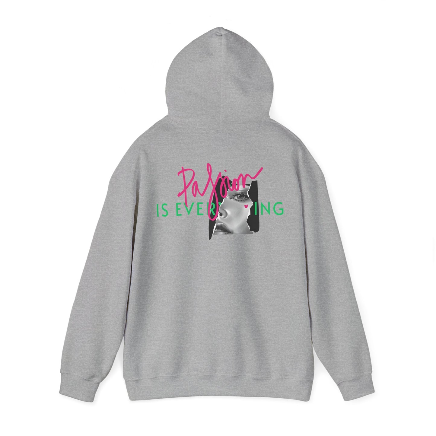 Elegant grey hoodie with a striking back graphic showcasing the phrase 'Passion IS EVERYTHING' in vibrant colours, featuring a tasteful black and white portrait, perfect for those who appreciate unique fashion.
