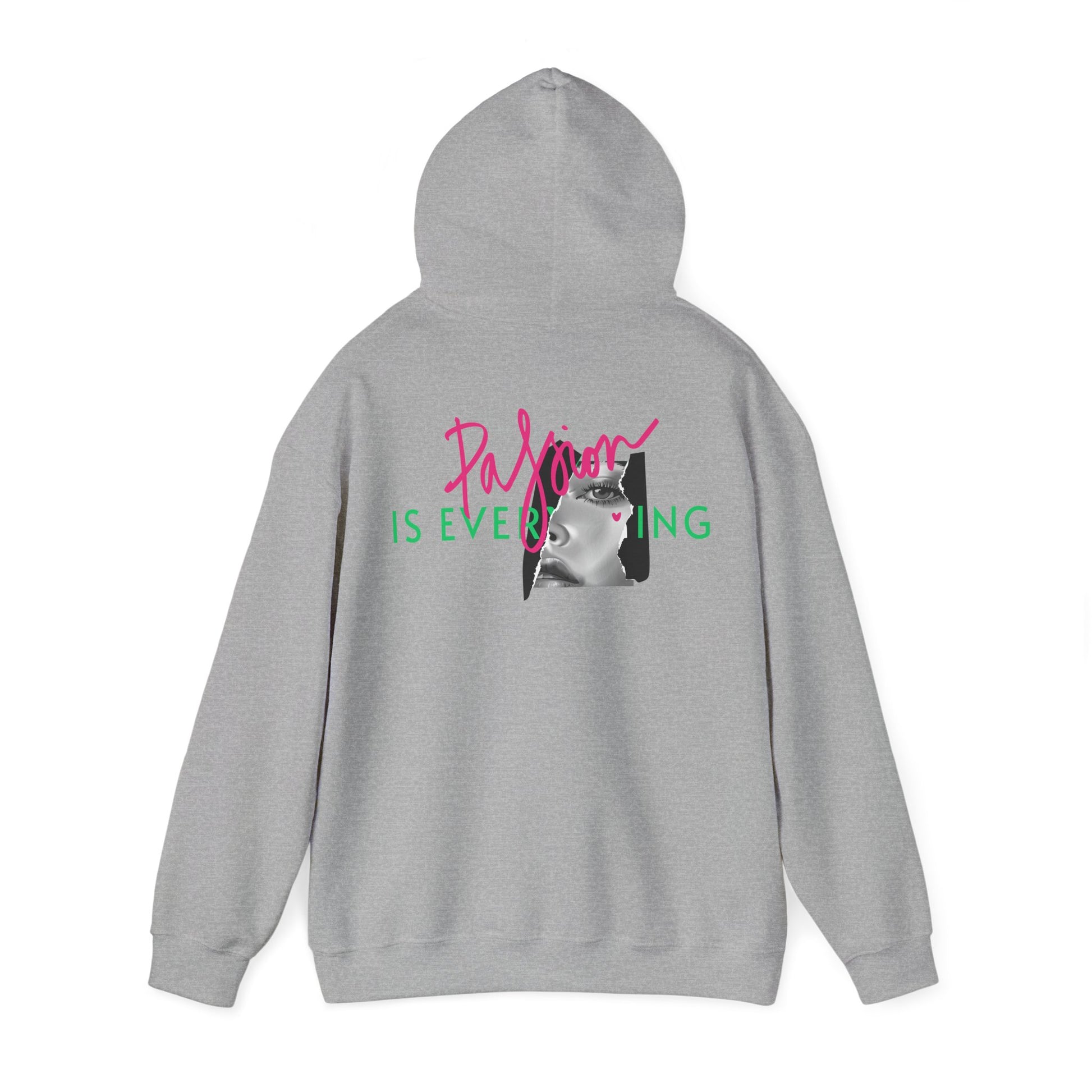 Elegant grey hoodie with a striking back graphic showcasing the phrase 'Passion IS EVERYTHING' in vibrant colours, featuring a tasteful black and white portrait, perfect for those who appreciate unique fashion.