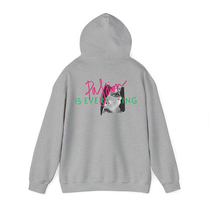 Elegant grey hoodie with a striking back graphic showcasing the phrase 'Passion IS EVERYTHING' in vibrant colours, featuring a tasteful black and white portrait, perfect for those who appreciate unique fashion.