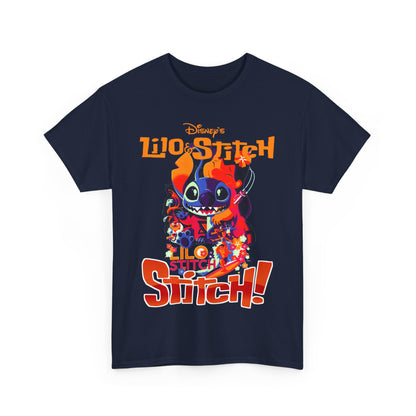 Luxurious navy blue Lilo & Stitch graphic t-shirt featuring vibrant artwork of Stitch amidst colourful flowers and bold typography. Perfect for Disney enthusiasts seeking stylish nostalgia.