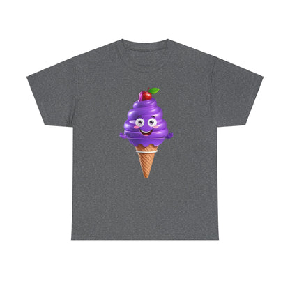 Scoop of Joy: Cartoon Ice Cream Cone Character Tee in dark grey, displaying a vibrant purple ice cream character with inviting eyes and a cherry garnish, perfect for indulgent fashion.