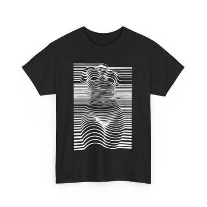Stylish black cotton t-shirt with an artistic optical illusion print depicting a woman's figure, ideal for those who appreciate sophisticated humour in fashion.
