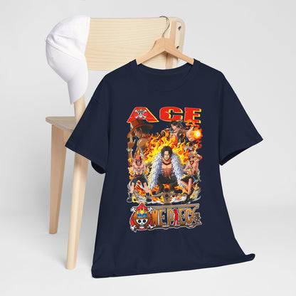 Men's navy blue graphic t-shirt featuring a vibrant design of Ace from One Piece, surrounded by flames and iconic anime characters, showcased against a contemporary wooden chair.