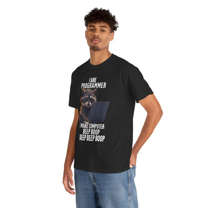 Chic Funny Raccoon Programmer T-Shirt that reads 'I Are Programmer' with a playful raccoon illustration, designed for modern tech aficionados.