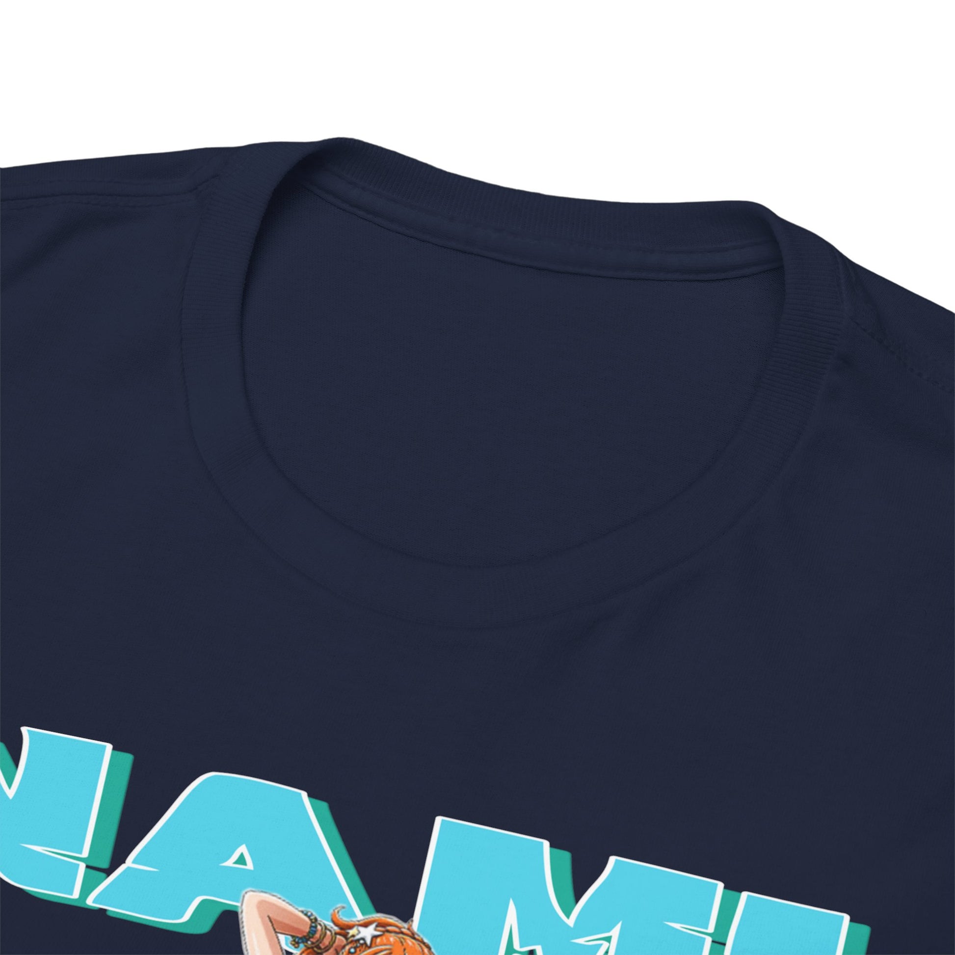 Close-up detail of the luxurious Nami anime t-shirt collar, showcasing high-quality fabric and craftsmanship.