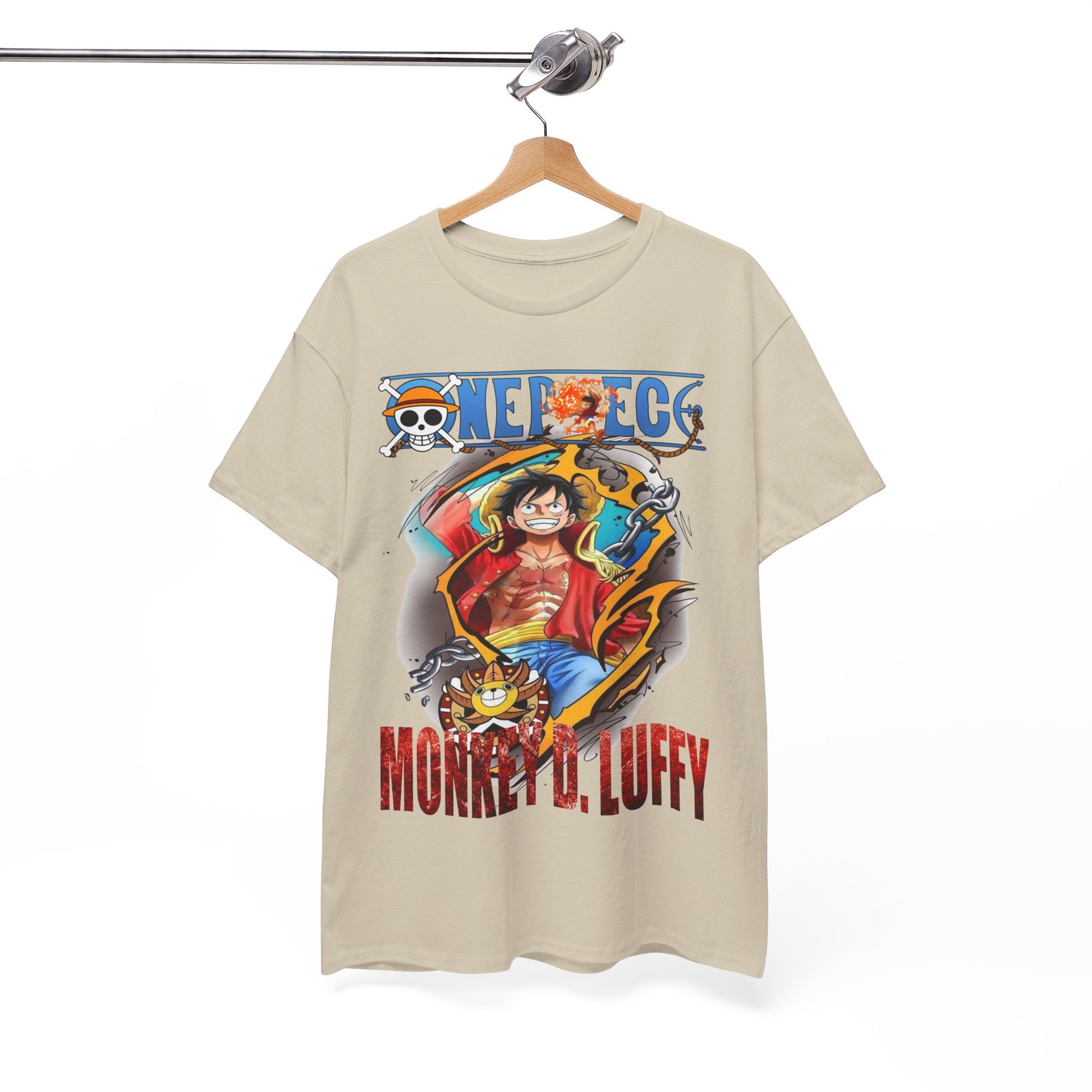 Elegant display of Monkey D. Luffy T-Shirt on hanger, showcasing intricate details and bold colours, designed for passionate fans.