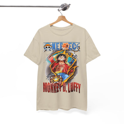 Elegant display of Monkey D. Luffy T-Shirt on hanger, showcasing intricate details and bold colours, designed for passionate fans.