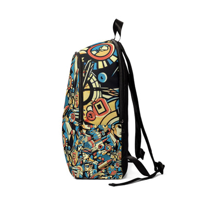 Fashionable individual carrying the Vibrant Pop Art Backpack by Dazzling Dreams Studio, exemplifying luxury and contemporary pop art style.
