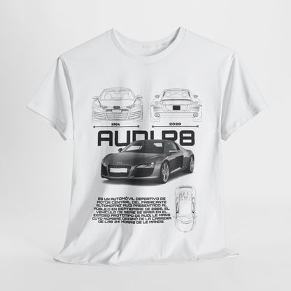 Luxurious white Audi R8 Blueprint T-Shirt featuring detailed car graphics and bold 'AUDI R8' text, showcasing a perfect blend of style and automotive heritage.