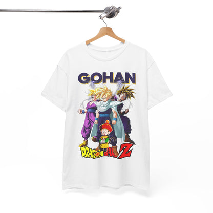 Luxury Dragon Ball Z Gohan Ascends T-Shirt displaying vibrant graphic design featuring Gohan and iconic characters, perfect for anime enthusiasts.