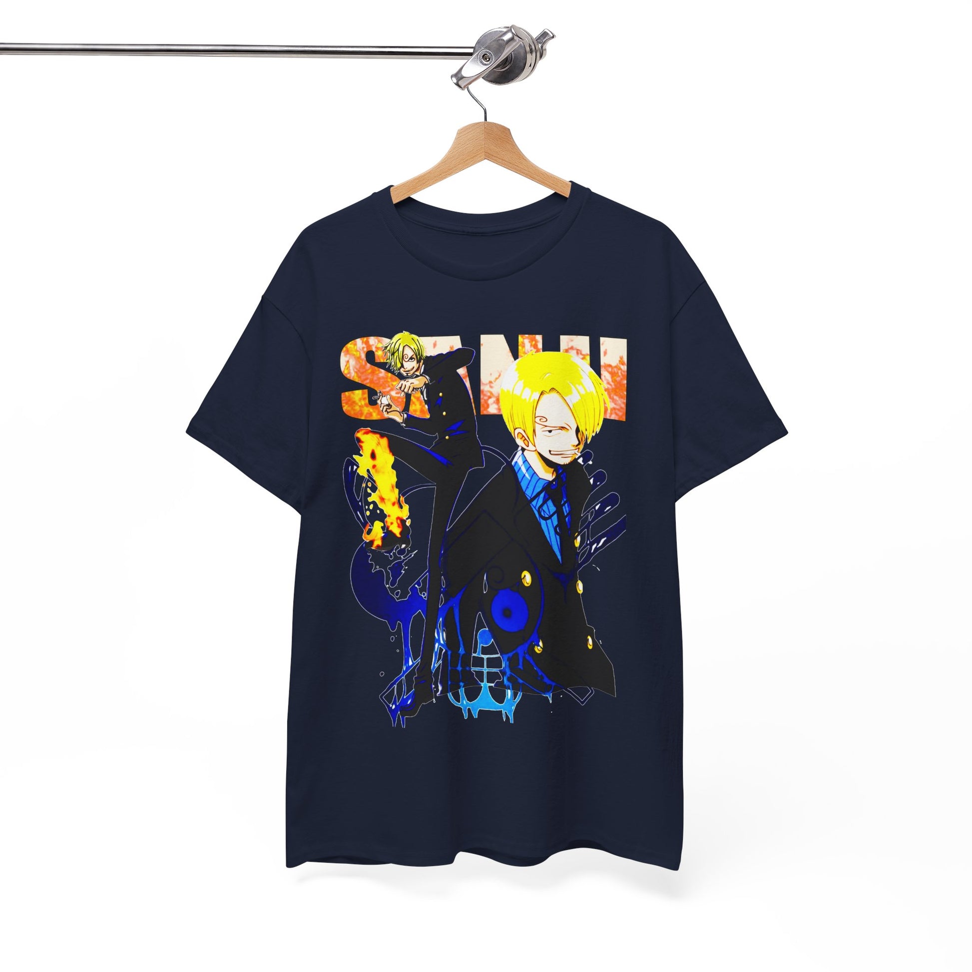 Chic navy t-shirt displayed on a hanger, featuring bold anime-inspired design with dynamic colours and striking character illustrations, an exceptional blend of art and fashion.