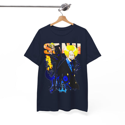 Chic navy t-shirt displayed on a hanger, featuring bold anime-inspired design with dynamic colours and striking character illustrations, an exceptional blend of art and fashion.