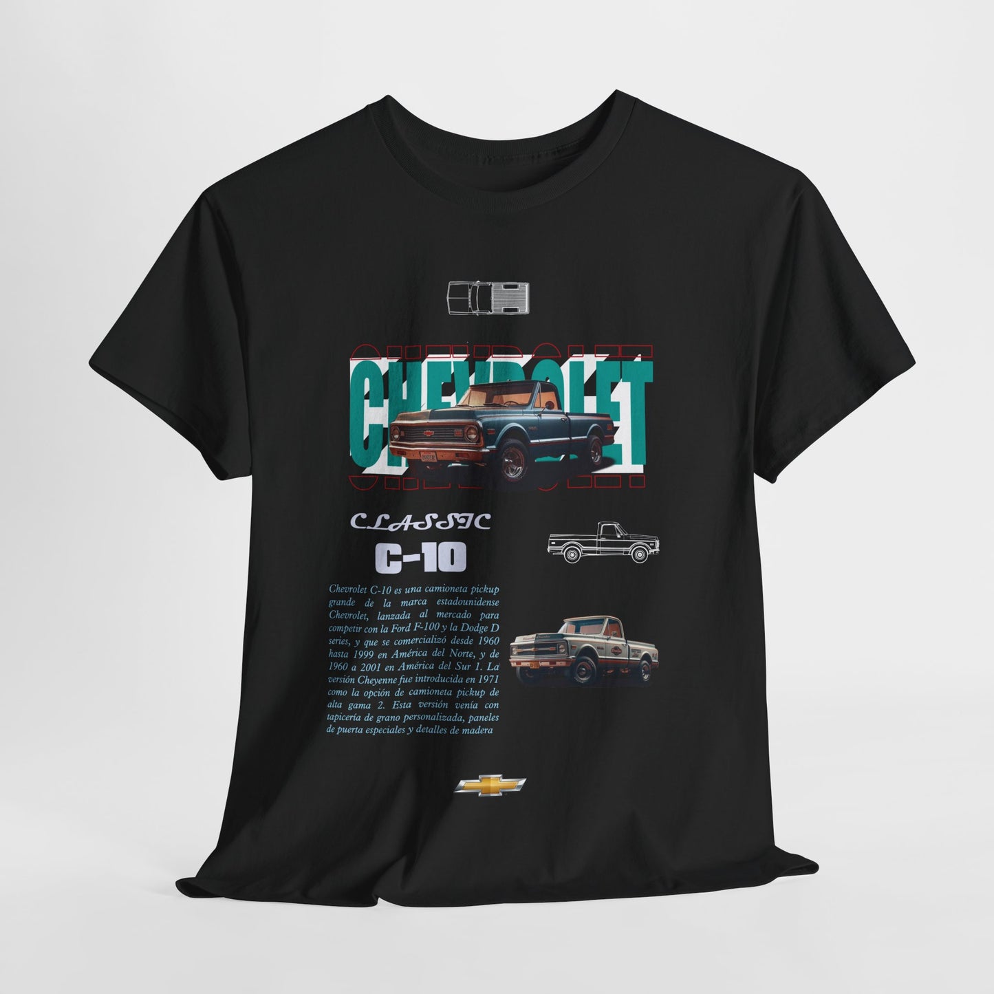 Elegant Chevrolet C-10 classic t-shirt showcasing intricate vehicle designs and bold typography, ideal for casual sophistication.