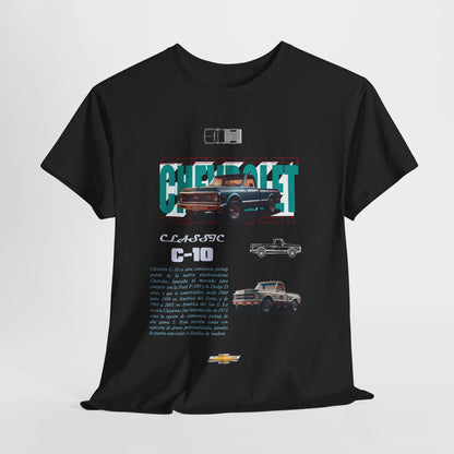 Elegant Chevrolet C-10 classic t-shirt showcasing intricate vehicle designs and bold typography, ideal for casual sophistication.
