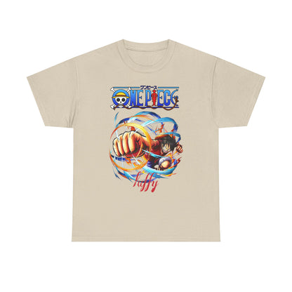 Elegant beige men's t-shirt adorned with a dynamic graphic depicting a character ready for adventure, ideal as a statement piece for any fashion-forward individual.
