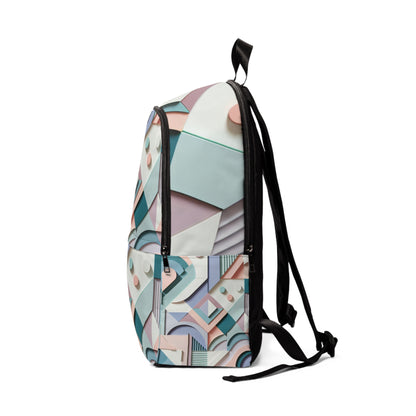 Chic Modern Geometric Pastel Backpack showcasing a stylish side view in soft pastel colours of baby blue, soft pink, and mint green, perfect for a fashionable travel essential.