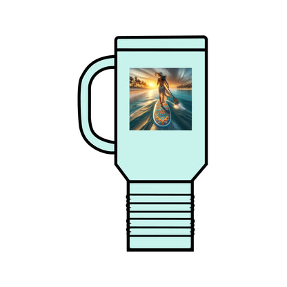 Fantasy Paddleboarding 40oz Insulated Stainless Steel Travel Mug in soft mint, showcasing a charming image of a paddleboarder at sunset, ideal for discerning outdoor aficionados.