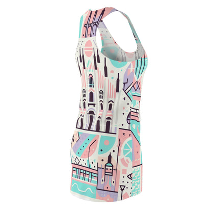 Close-up view of the Vivienne Fiorucci Milan Dress fabric featuring soft hues and artistic designs reflecting the beauty of Milan.