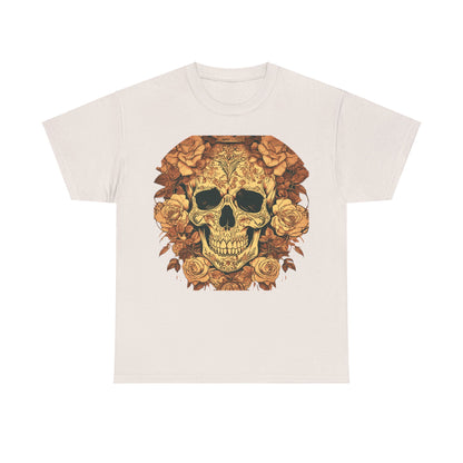 Chic Skulls and Roses Cotton Tee in cream showcasing an artistic skull and rose print, crafted for comfort and standout style.