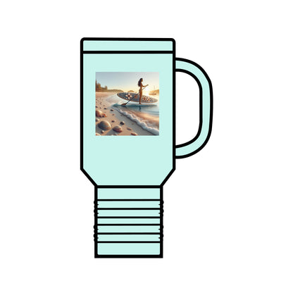 Fantasy Paddleboarding 40oz Insulated Travel Mug featuring an illustrative design of a paddleboarder on a serene beach, showcasing a blend of luxury and adventure.