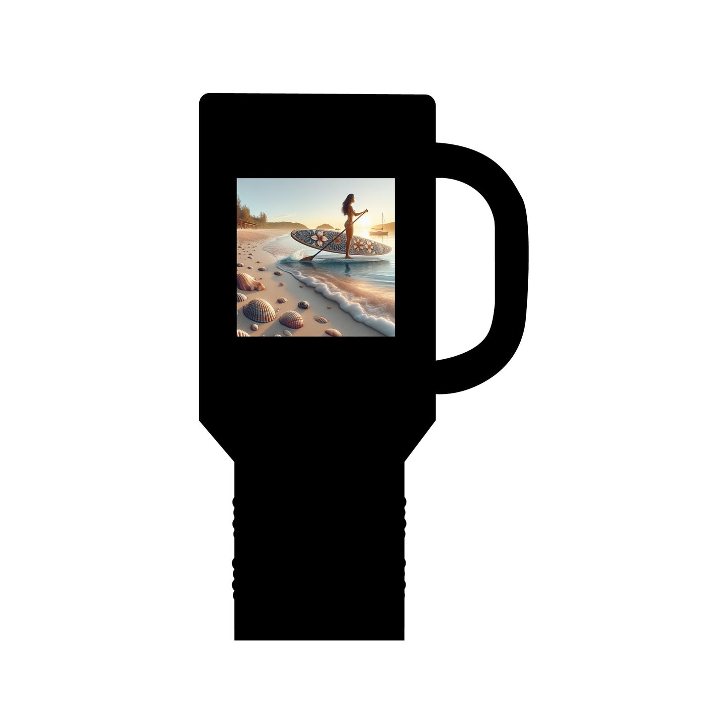 Fantasy Paddleboarding 40oz Insulated Travel Mug in sleek black, adorned with captivating paddleboarding design. A luxurious choice for enjoying beverages on the go.